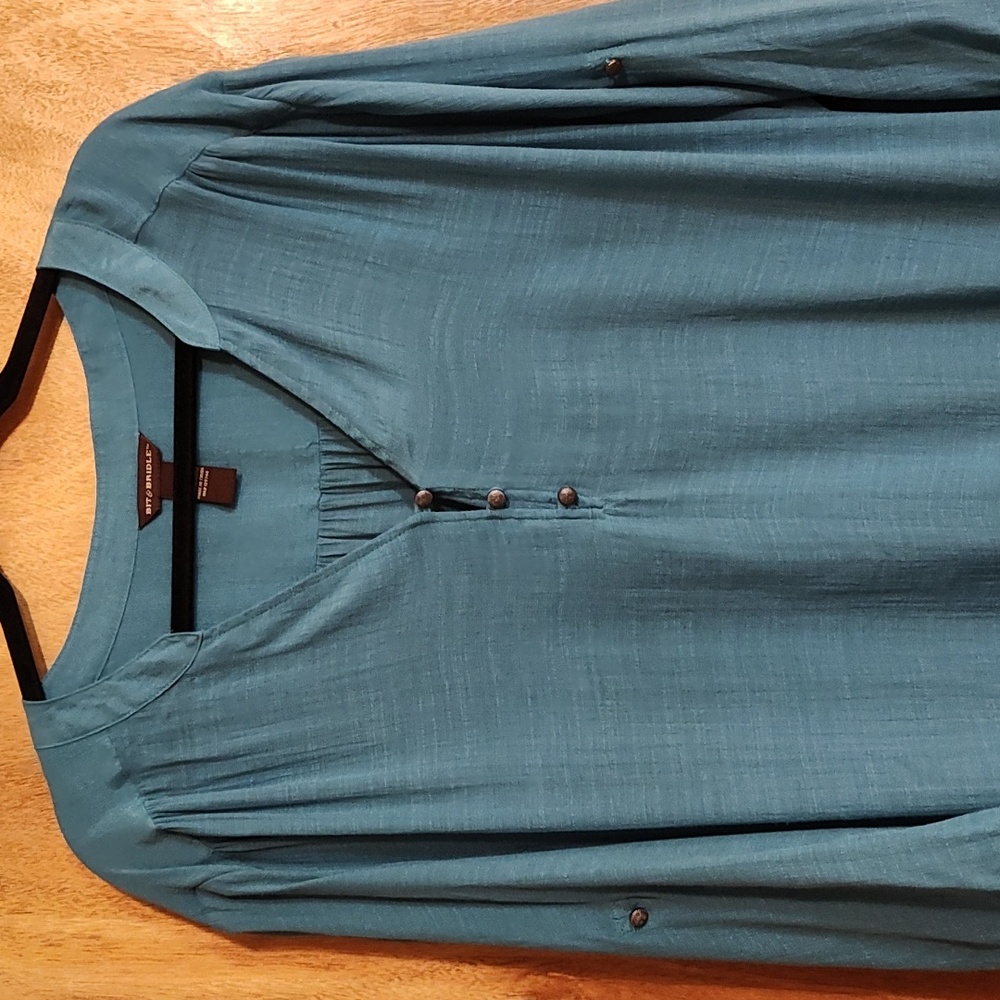 Bit & Bridle Womens Flowy Popover Blouse Teal Convertible ¾-Sleeves High-Low 3X - Picture 2 of 8
